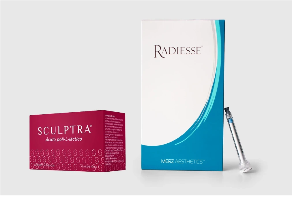 Caixas dos bioestimuladores de colágeno Sculptra e Radiesse